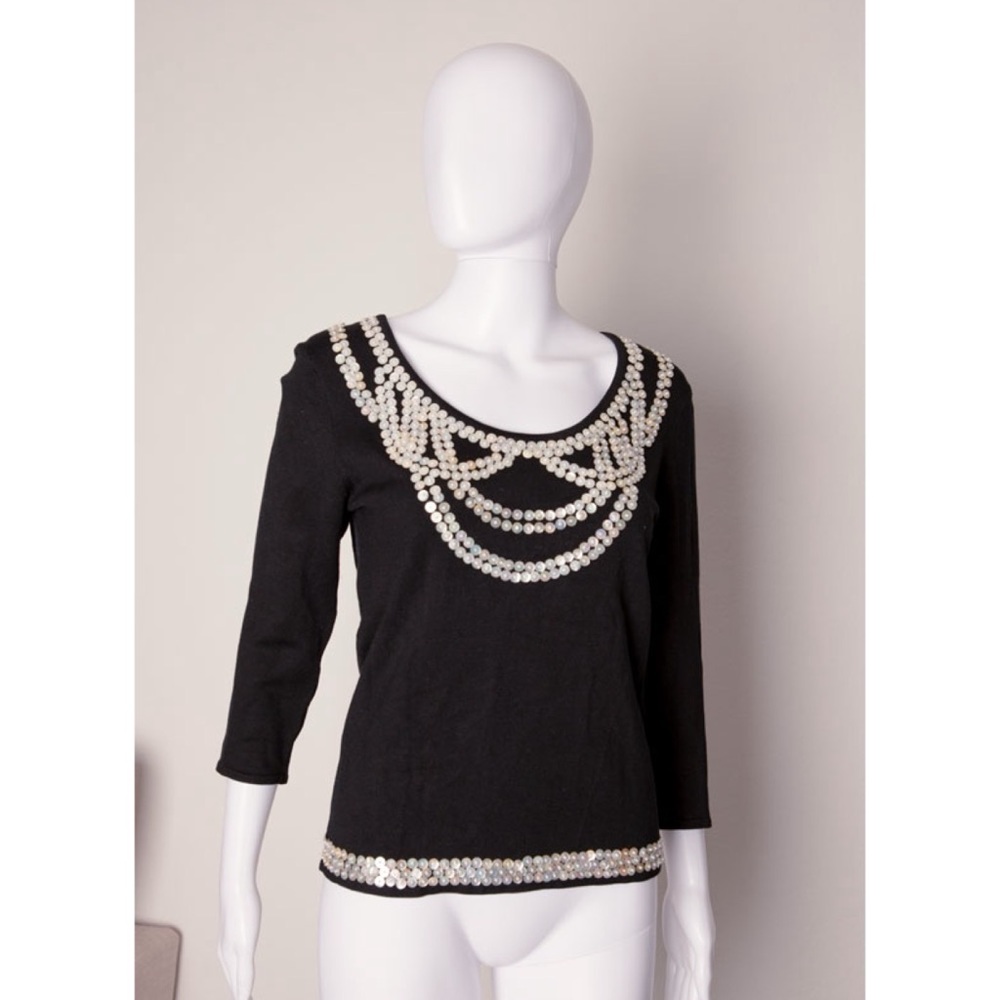 Vintage Cache Sequin Sweater Long Sleeve Womens Office Wear Silk Embellished Top